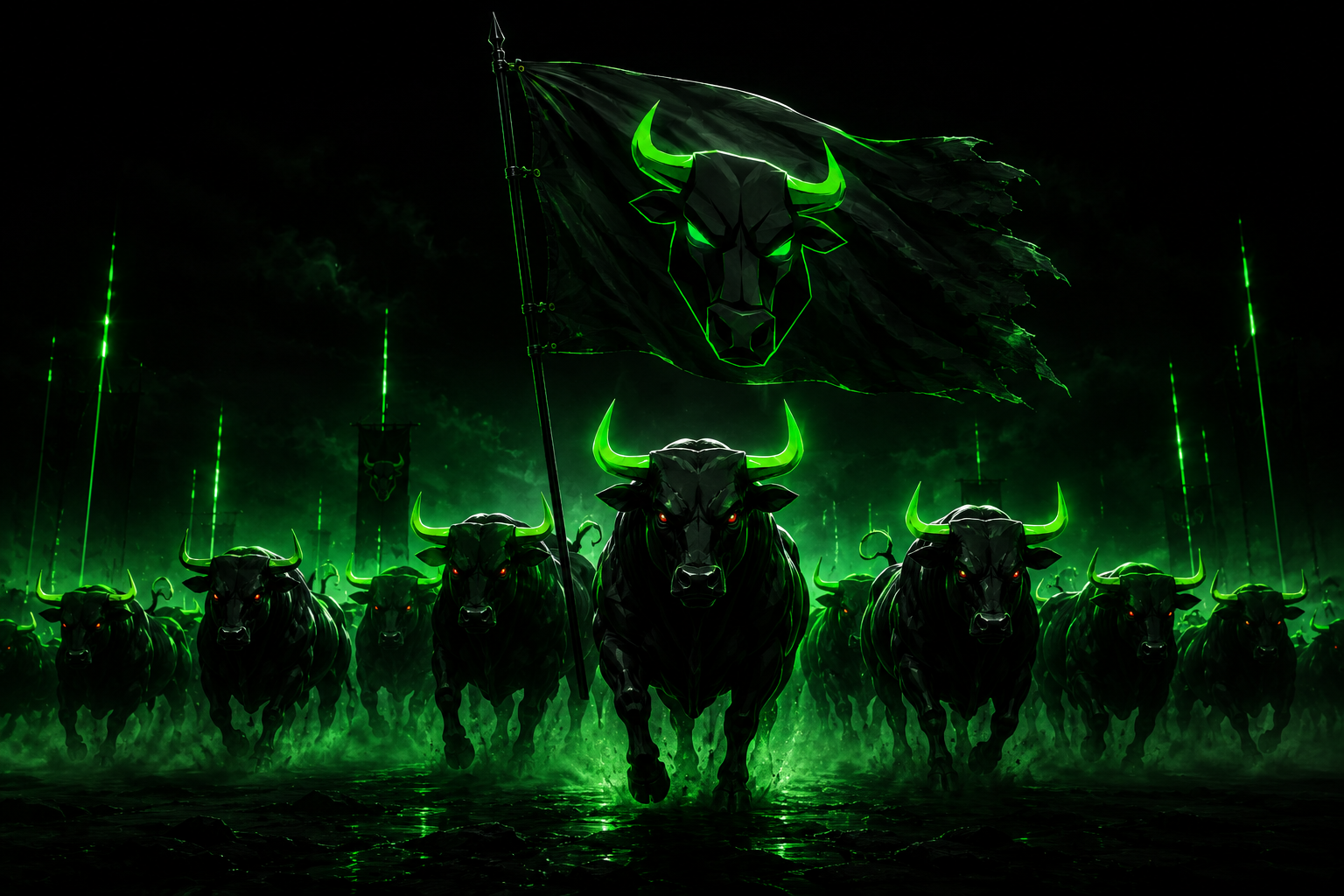 A charging herd of black bulls with glowing green horns carrying the Ansemination banner