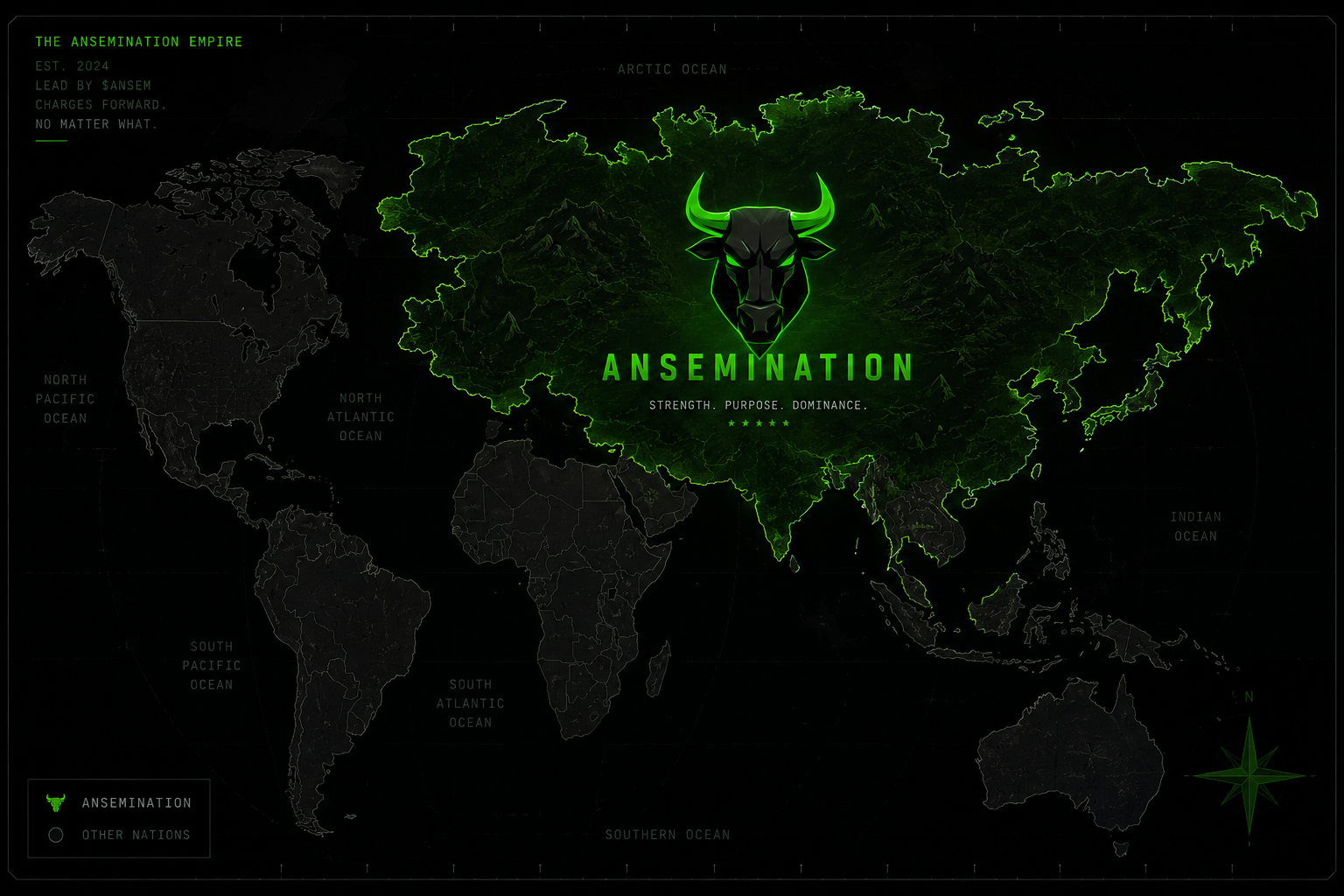 Tactical world map of the Ansemination Empire, with Asia glowing green as conquered territory